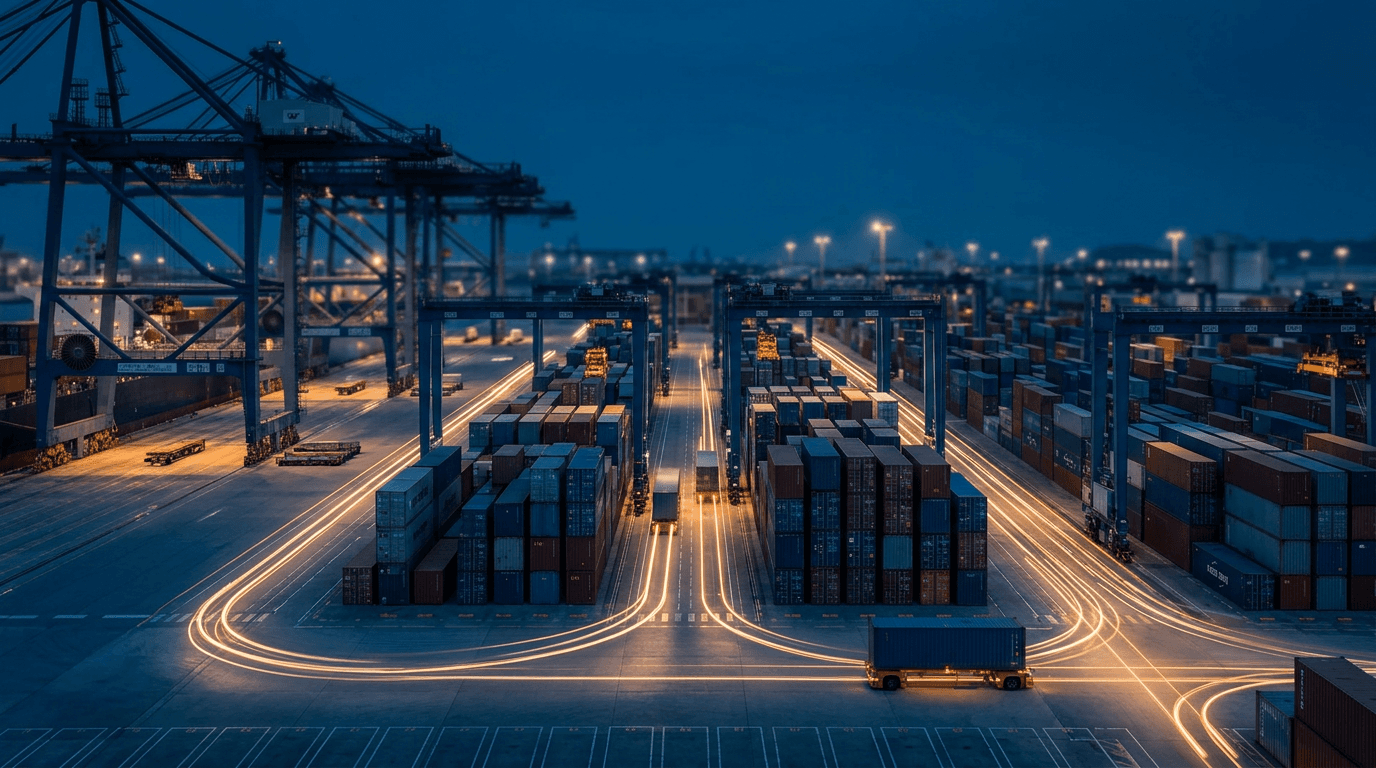 Freight forwarding operation seen across a container port at night with light trails