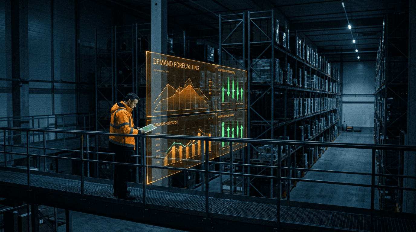 Operator reviewing a demand forecast on the floor of a manufacturing facility